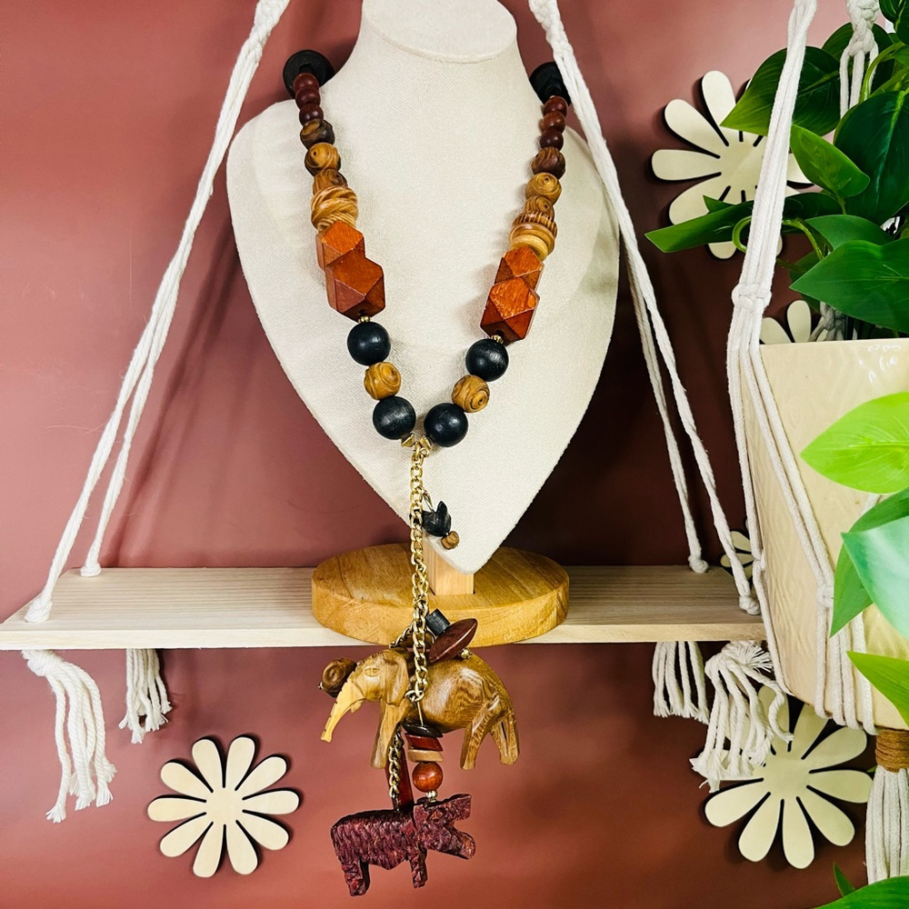 African Animal Wood Beaded Belt Necklace Chunky Hand‎ Dyed Ethnic Boho Tribal